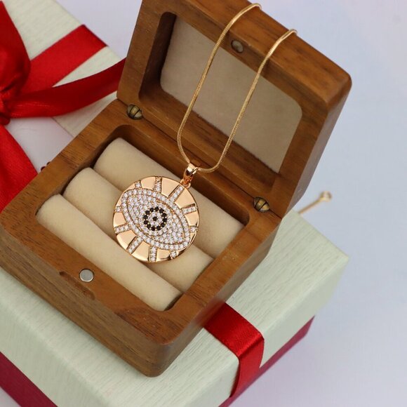 "Round Evil Eye Rose Gold Pendant with CZ Crystals and Shine Finish, XPPT1519 - Picture 9 of 13